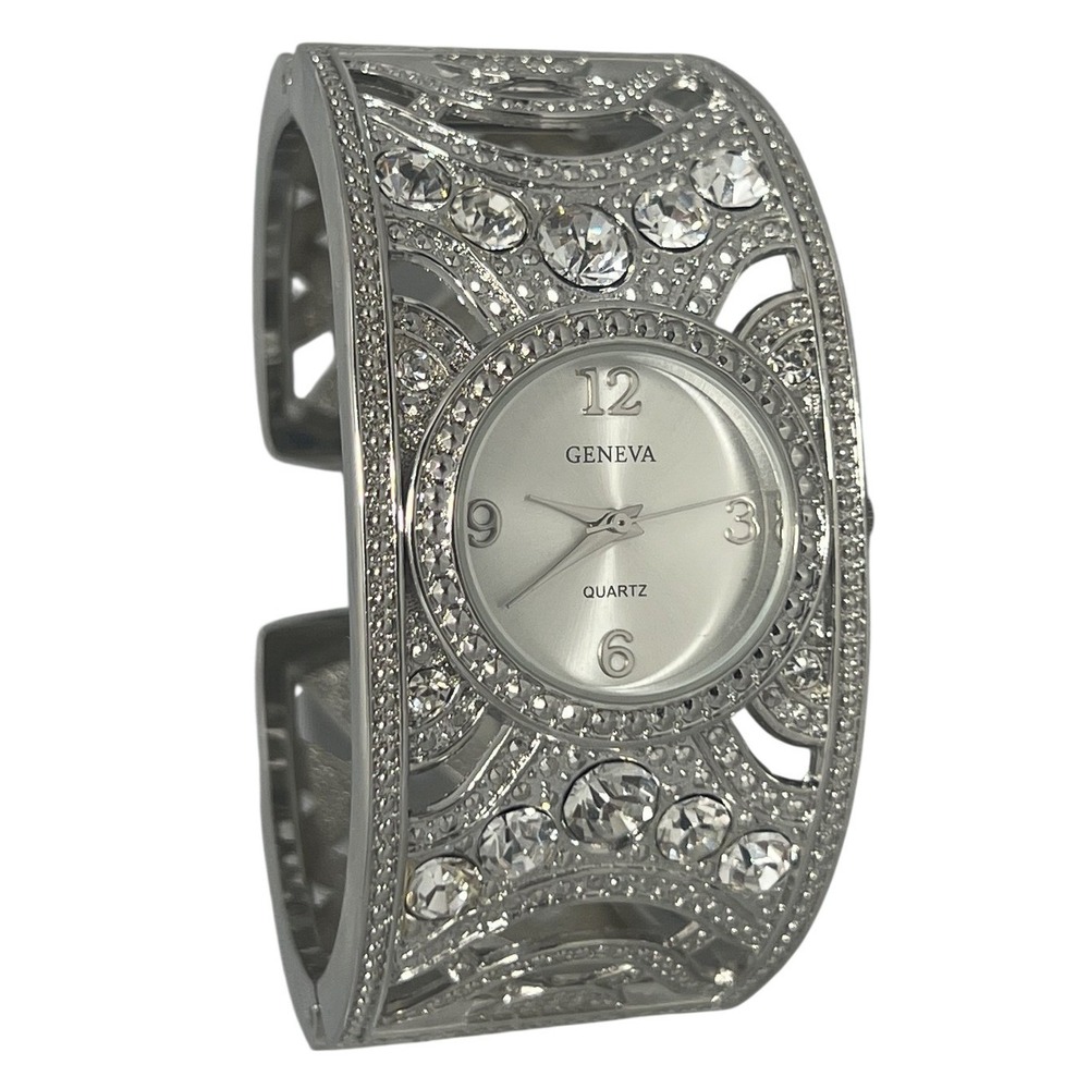Geneva Women's‎ Silver-Tone Crystal Cuff Bangle Watch Quartz Untested